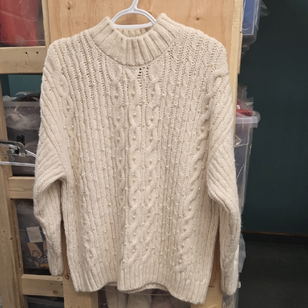 MNG Size M Ivory Chunky Knit Beaded Cable Knit Sweater